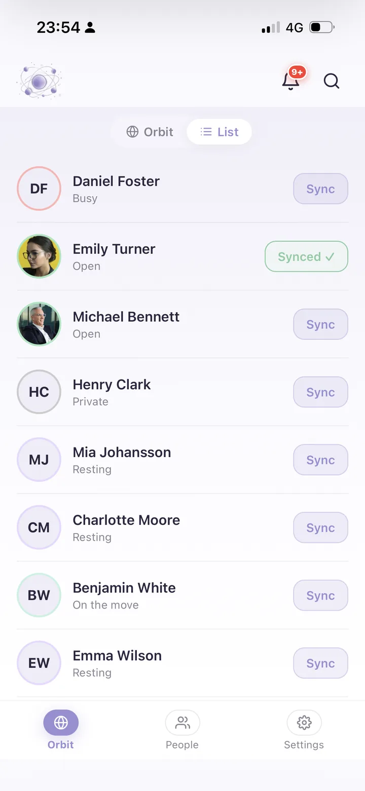 List view of your circle with quick sync actions